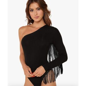 NEW Verdusa Fringe Trim One Shoulder Long Sleeve Bodysuit Top S